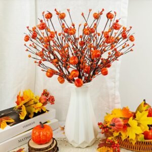 6PCS Fall Berry Stems – 17" Artificial Pumpkin & Leaf Picks for Autumn Centerpieces