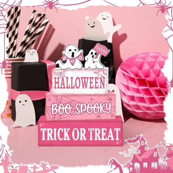 4 Pcs Pink Halloween Wooden Tiered Tray Signs – Cute Ghost Farmhouse Stackable Table Centerpieces