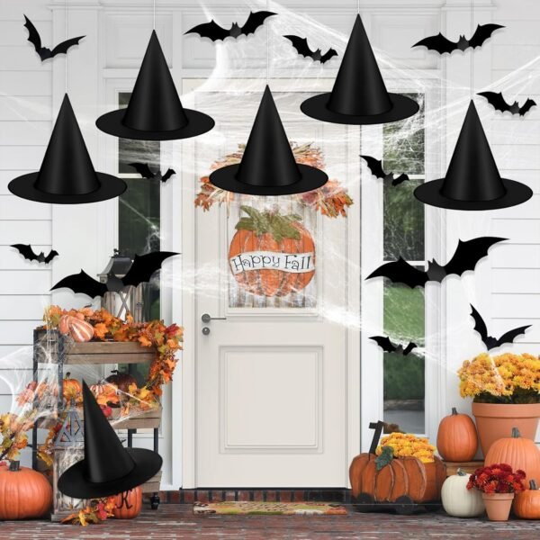 6 Pcs Hanging Black Witch Hats with 3D Bat Stickers – Halloween Indoor & Outdoor Party Decor