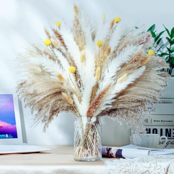100 PCS Natural Dried Fall Pampas Grass – 17.5" Fluffy Boho Bouquets for Home, Party & Table Decorations