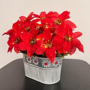 Christmas Poinsettia Table Centerpiece – LED Artificial Flowers in Rustic Metal Pot, Holiday Décor, 1 Pack