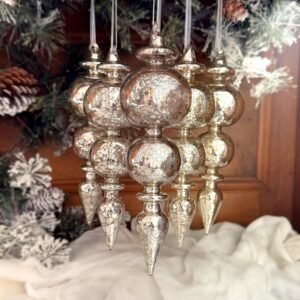 6 Pcs Mercury Glass Christmas Ornaments – Hand-Blown Silvered Finials for Vintage Holiday Tree Decor