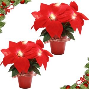 2-Pack Lighted Poinsettias – Pre-Lit Artificial Flowers in Pots for Christmas Home & Office Decor (Red)
