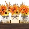 Fall Mason Jar Centerpiece with LED Lights – Set of 3 Farmhouse Painted Jars with Artificial Flowers for Thanksgiving Table & Home Decor - Image 4