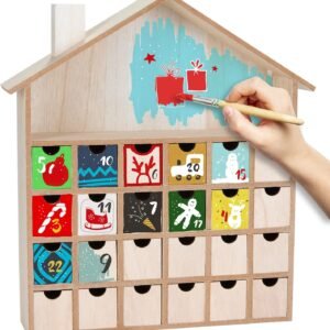 Unfinished Wooden Advent Calendar House – 13.1" DIY Christmas Countdown with 24 Fillable Drawers