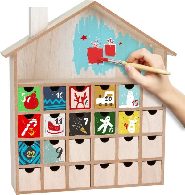 Unfinished Wooden Advent Calendar House – 13.1" DIY Christmas Countdown with 24 Fillable Drawers
