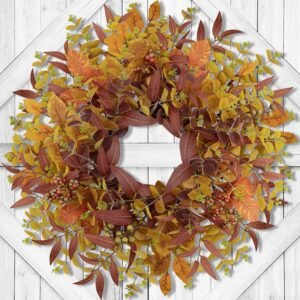 24" Artificial Eucalyptus Fall Wreath – Autumn Thanksgiving Porch & Wall Decor