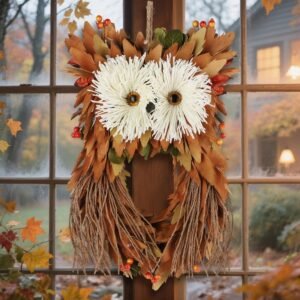 14" Owl Fall Wreath with Berries & Leaves – Autumn Front Door Harvest Decor