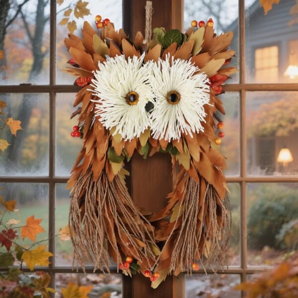 14" Owl Fall Wreath with Berries & Leaves – Autumn Front Door Harvest Decor