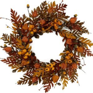 20" Autumn Oak Leaves Wreath with Berries, Acorns & Pine Cones – Fall Front Door Decor, Indoor/Outdoor Farmhouse Festival