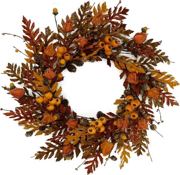 20" Autumn Oak Leaves Wreath with Berries, Acorns & Pine Cones – Fall Front Door Decor, Indoor/Outdoor Farmhouse Festival