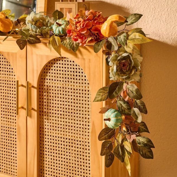 6FT Fall Garland with Lights – Artificial Autumn Flowers, Peonies, Hydrangeas & Pumpkins for Thanksgiving & Harvest Decor