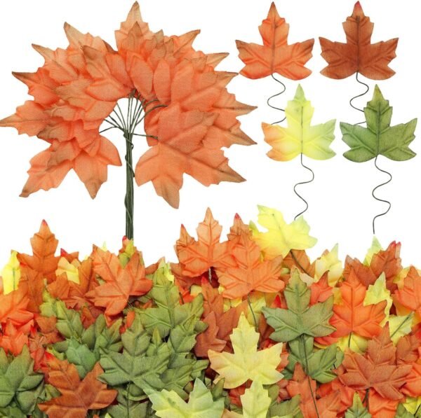 144 Pcs Artificial Fall Maple Leaves – Mixed Color Autumn Leaves for Thanksgiving, Wedding, Party & Table Decorations