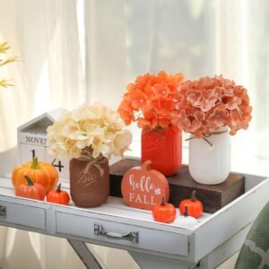 Fall Mason Jar Centerpiece – Set of 3 Painted Jars with Artificial Flowers, Thanksgiving Table & Home Decor