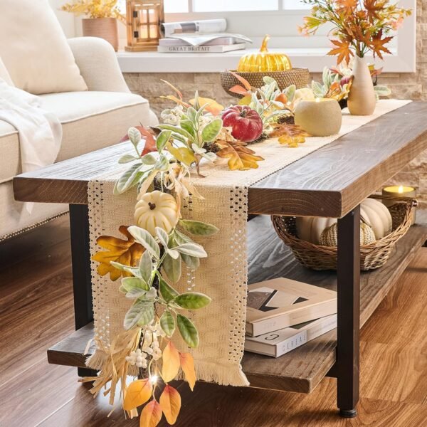 6ft Fall Garland with Lights – Lambs Ear Leaves & Pumpkins Thanksgiving Mantle Table Porch Decor