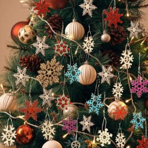100-Pc Unfinished Wooden Snowflake Ornaments – Blank Hanging Wood Slices with Cord for Christmas Crafts & Tree Decor
