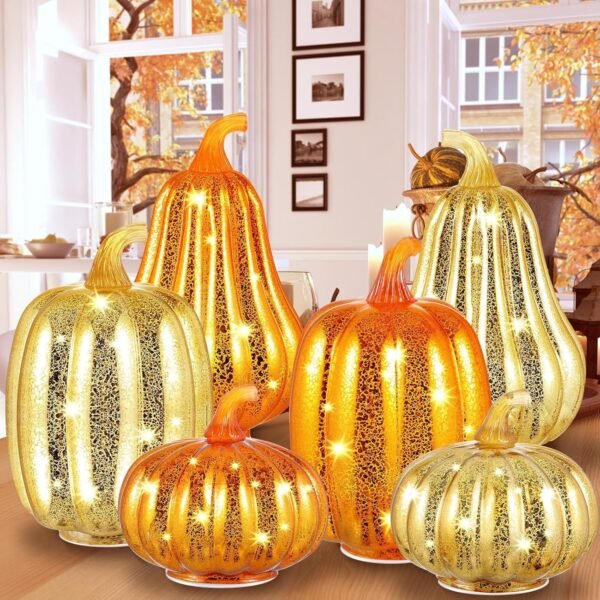 6 Pack LED Mercury Glass Pumpkin Lights – 3 Sizes for Thanksgiving Table & Porch Decor