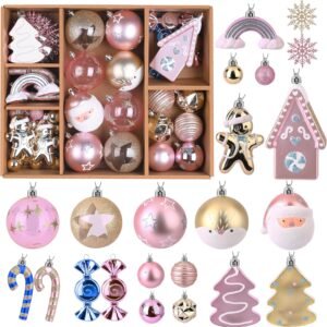 65 Pcs Macaron Pink Christmas Ornament Set – Shatterproof Baubles with Gold Gingerbread House & Tree Topper