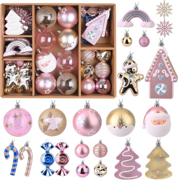 65 Pcs Macaron Pink Christmas Ornament Set – Shatterproof Baubles with Gold Gingerbread House & Tree Topper