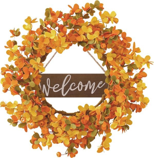 20" Artificial Fall Wreath with Pumpkins & Welcome Sign – Thanksgiving Front Door Decor