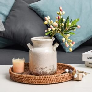 Rustic Ceramic Farmhouse Vase – Distressed White Boho Flower Vase for Table Centerpiece, Living Room, Kitchen, Bedroom, or Office Decor