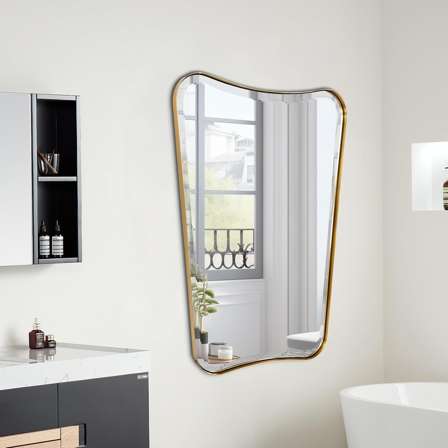 Brushed Gold Irregular Bathroom Wall Mirror Modern Beveled - Image 2