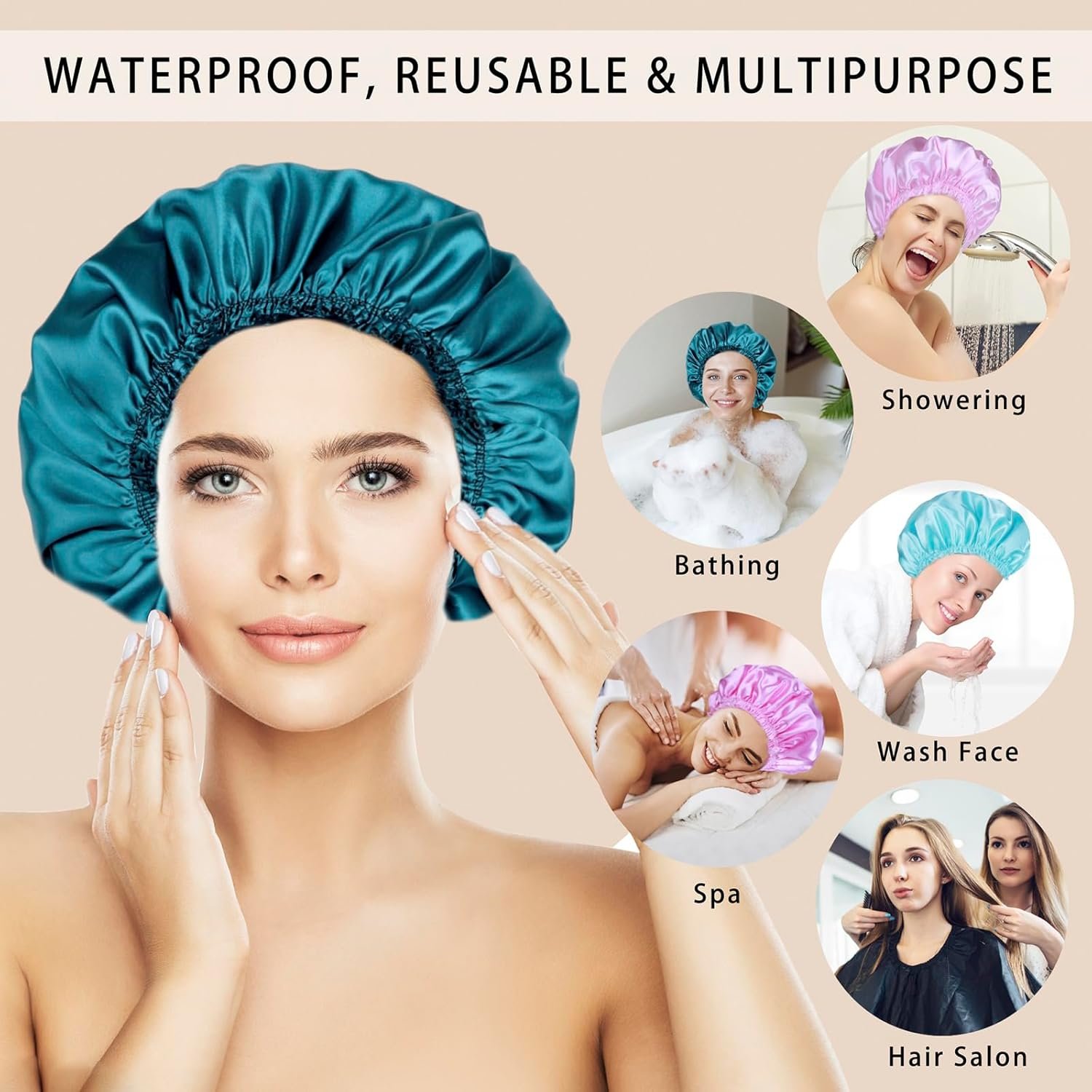 Reusable Waterproof Shower Caps for Women 4-Pack - Image 2