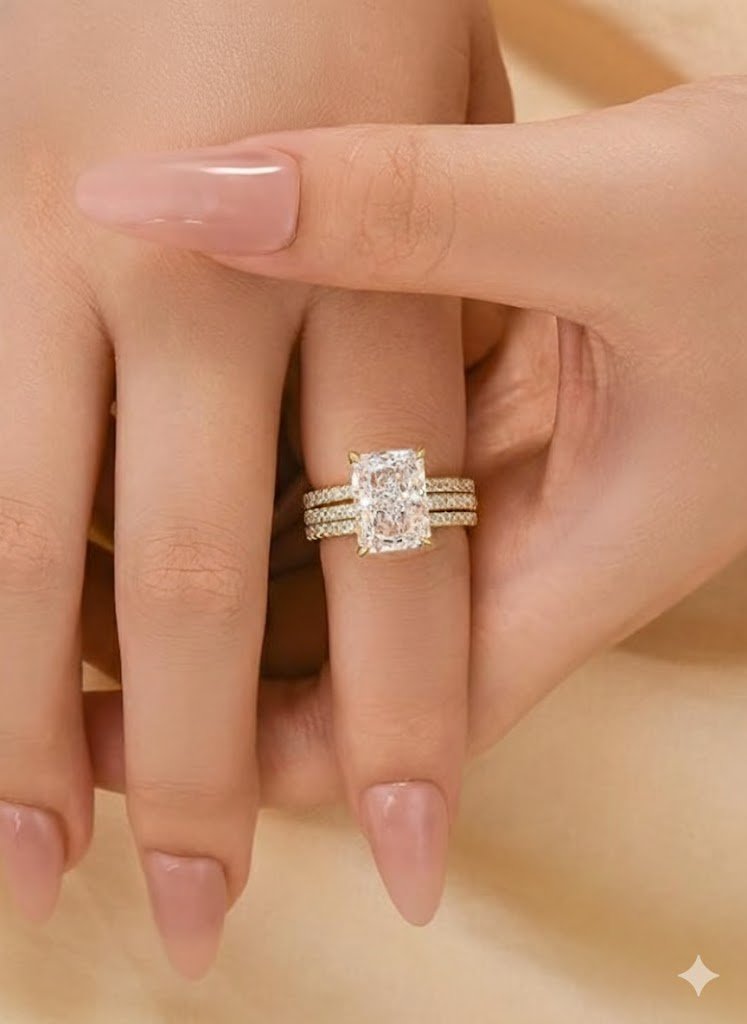 Radiant Cut Engagement Ring Sterling Silver Gold-Plated Bridal Set - Image 3