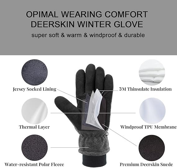 Deerskin Suede Winter Gloves Thermal Fleece Warm Flexible - Image 4