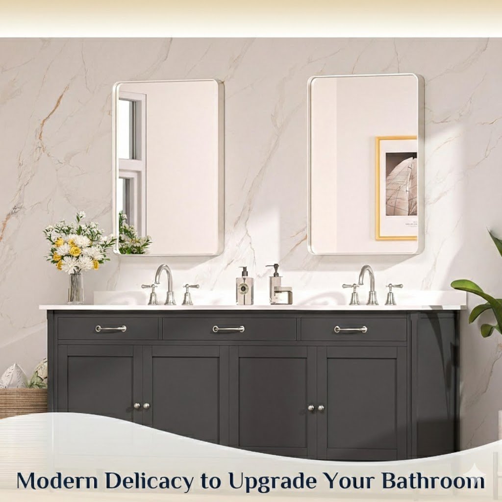 Brushed Nickel Rounded Rectangle Bathroom Vanity Mirror Wall - Image 2