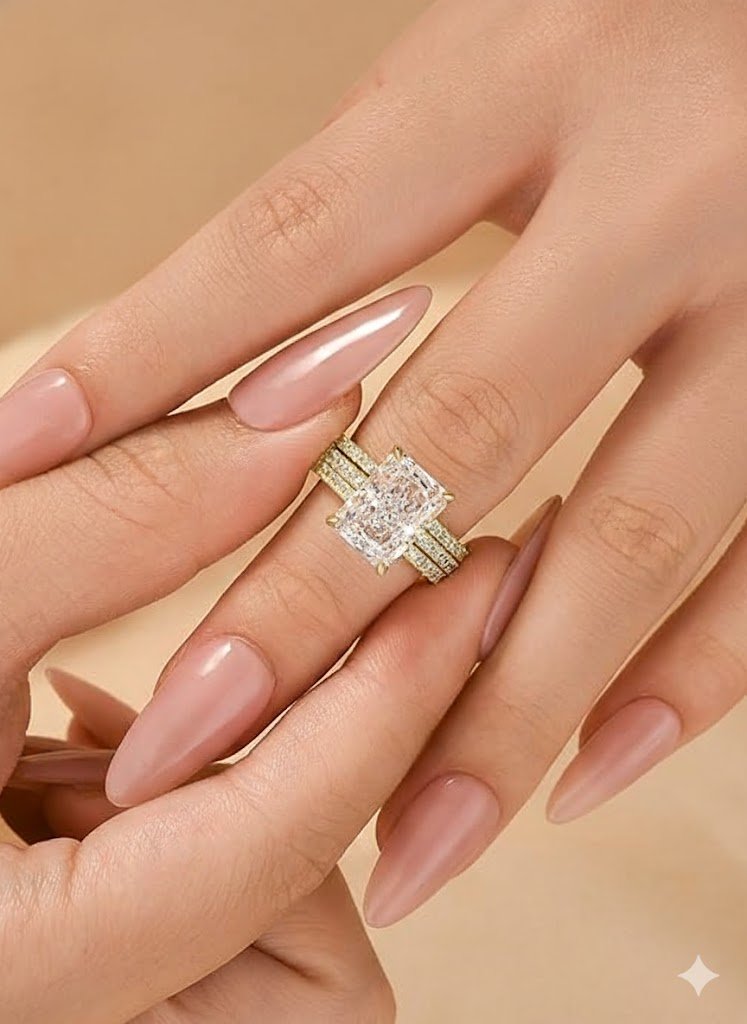 Radiant Cut Engagement Ring Sterling Silver Gold-Plated Bridal Set - Image 4