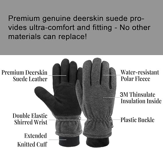 Deerskin Suede Winter Gloves Thermal Fleece Warm Flexible - Image 3