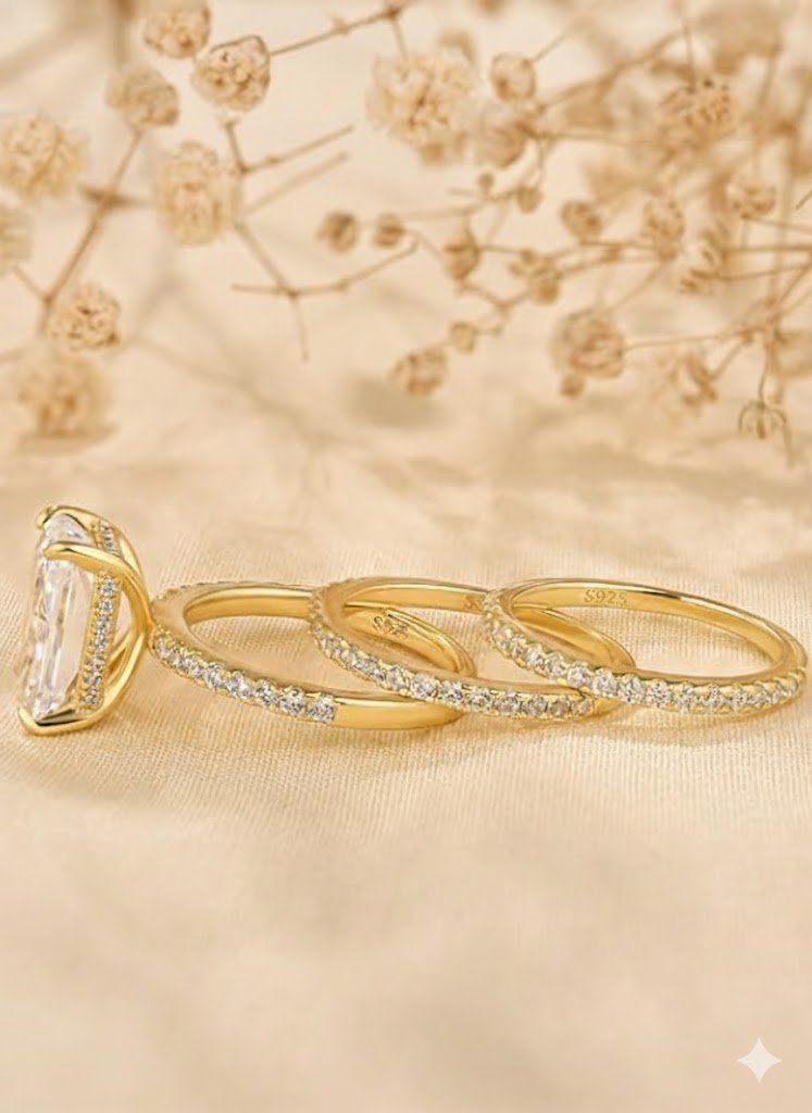 Radiant Cut Engagement Ring Sterling Silver Gold-Plated Bridal Set - Image 5