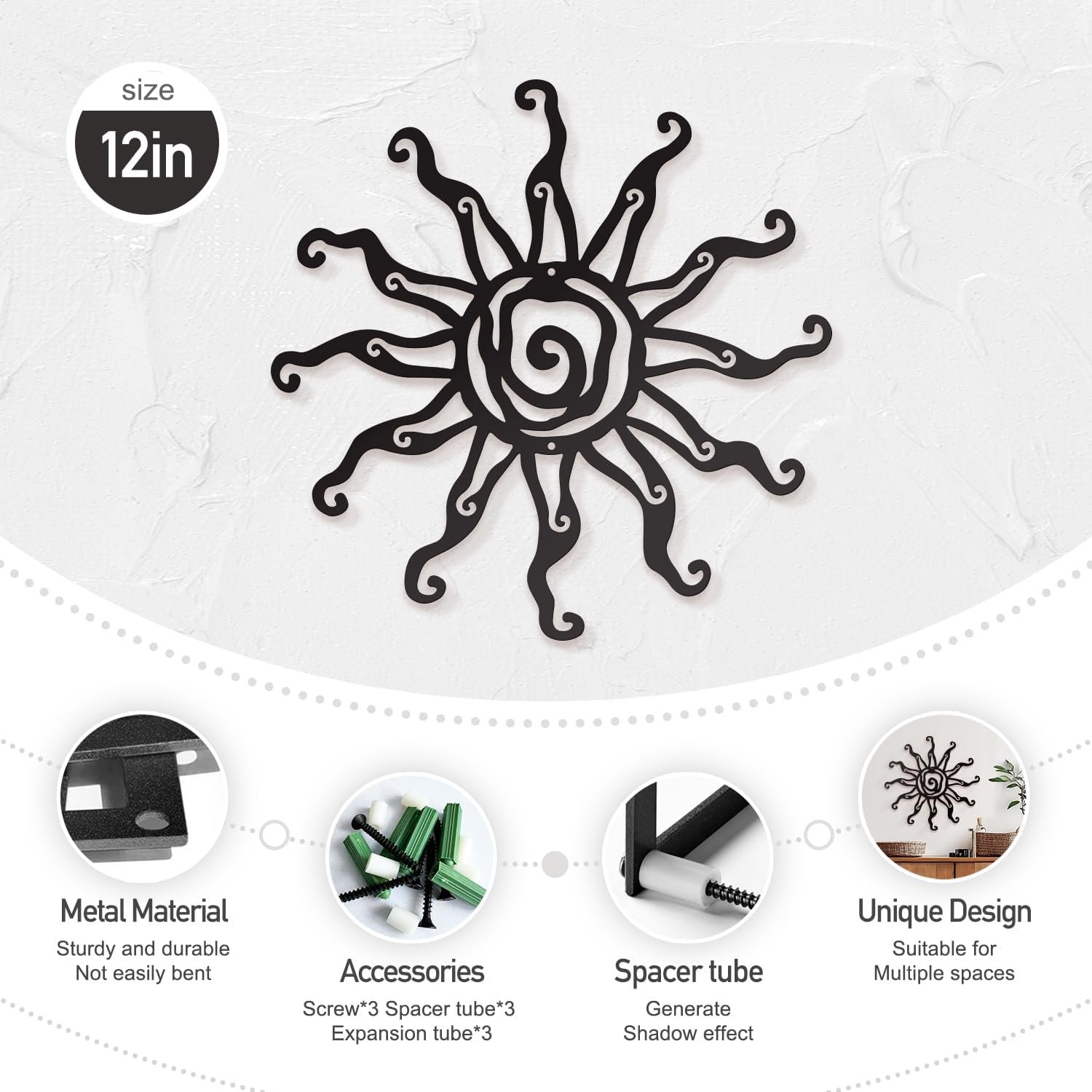12 Inch Black Metal Sun Wall Art Decor - Image 4