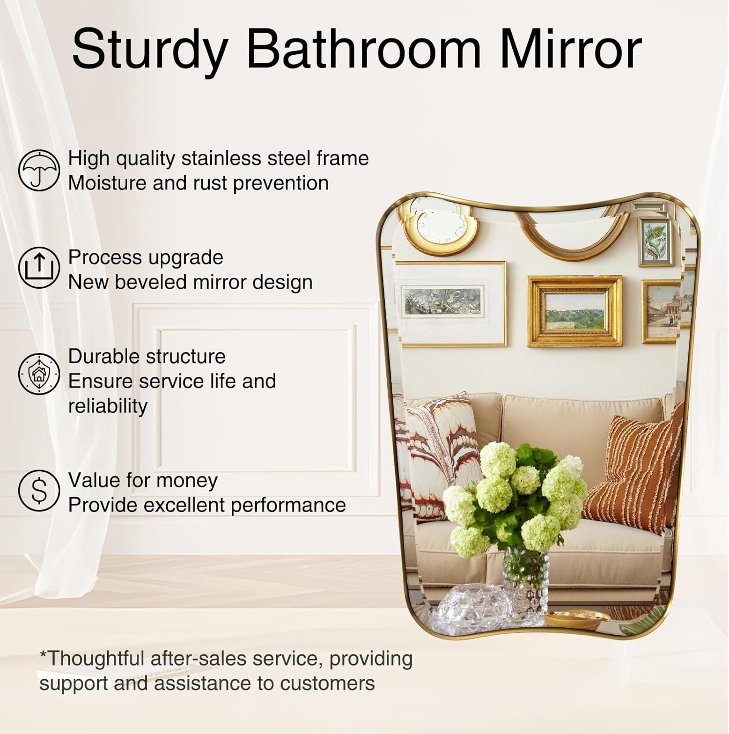 Brushed Gold Irregular Bathroom Wall Mirror Modern Beveled - Image 4