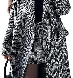 Women Wool Herringbone Coat Double Breasted Trench