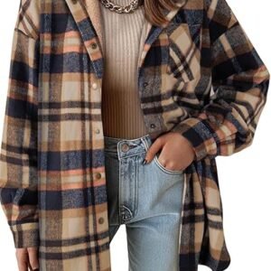Women Flannel Plaid Hooded Shacket Winter Fleece Coat