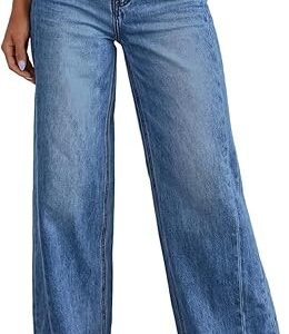 Womens High Waist Wide Leg Raw Hem Denim Jeans