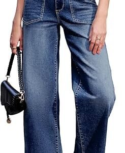 Womens High Waist Wide Leg Stretch Ankle Denim Jeans