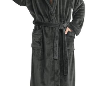 Mens Hooded Fleece Bathrobe Plush Cozy Robe with Pockets