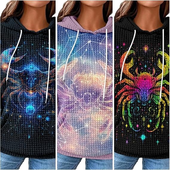 Womens Zodiac Graphic Hoodie Loose Casual Waffle Pullover - Image 2