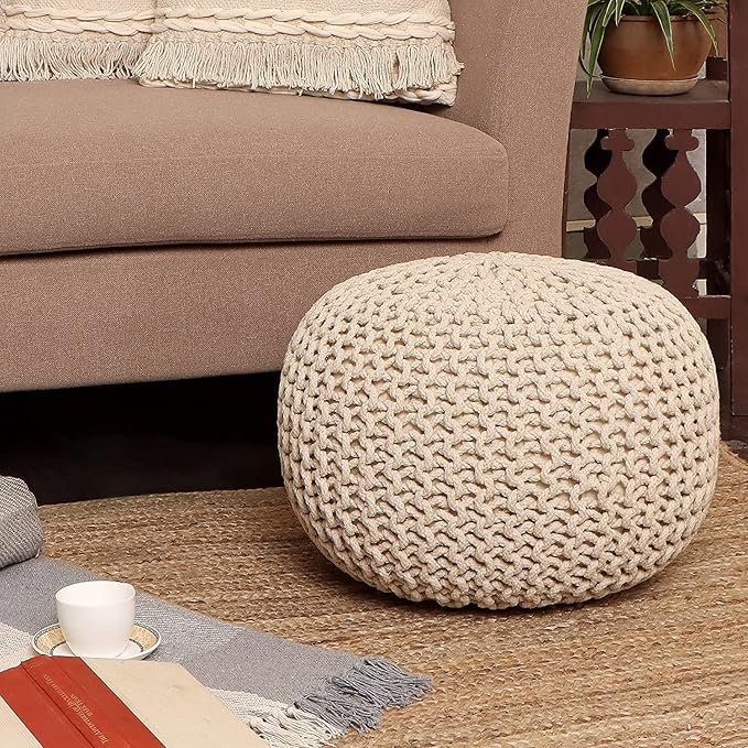 Handmade Round Cable Knit Cotton Pouf Ottoman Footrest - Image 4