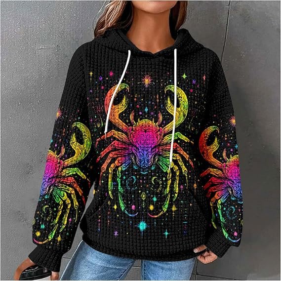 Womens Zodiac Graphic Hoodie Loose Casual Waffle Pullover - Image 3