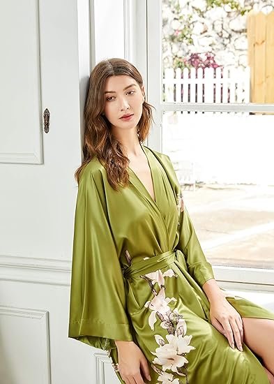 Floral Satin Kimono Robe Long Silky Bath Cover Up - Image 3