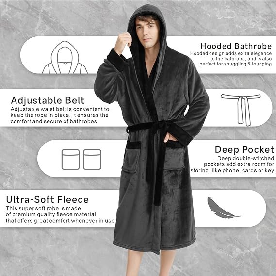Mens Hooded Fleece Bathrobe Plush Cozy Robe with Pockets - Image 4